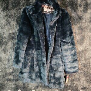 Eliza J Faux Fur Coat Navy Blue Snap Front NWT Size L